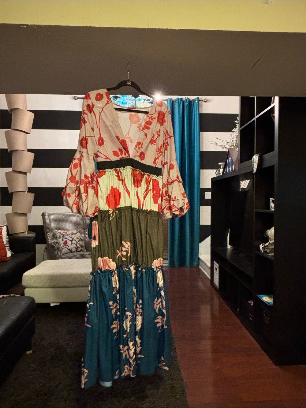 Boho Tiered Floral Maxi Dress in Red, Cream, Olive & Teal